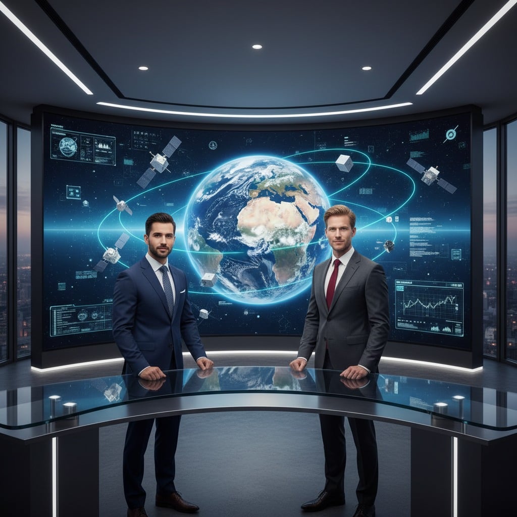Due uomini in abito elegante si trovano in uno studio televisivo moderno, con un grande schermo curvo sullo sfondo che mostra una proiezione digitale della Terra e dati satellitari.